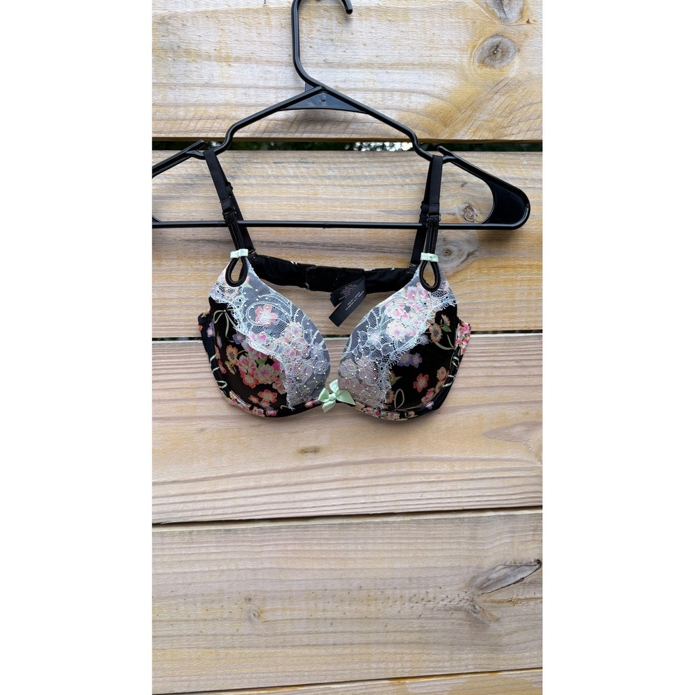 Victorias Secret Plunge Bra 34C Black Floral Lace Beaded Satin Padded Underwire